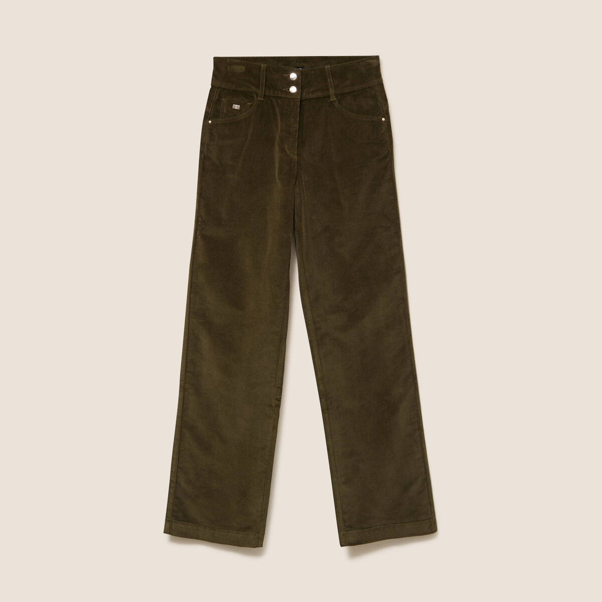 Pantalon taille haute en velours vert kaki femme