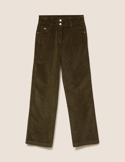 Pantalon taille haute en velours vert kaki femme