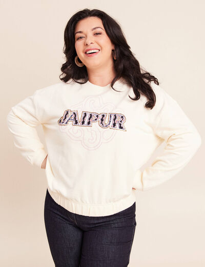 Sweat col rond broderie manches longues ecru femme