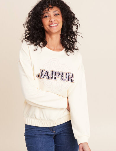 Sweat col rond broderie manches longues ecru femme