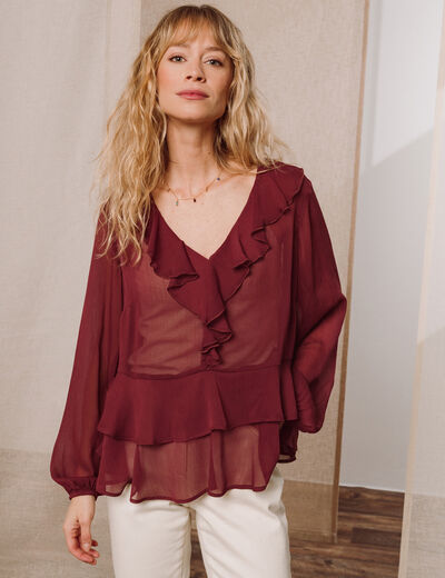 Blouse ample en voile manches longues prune femme