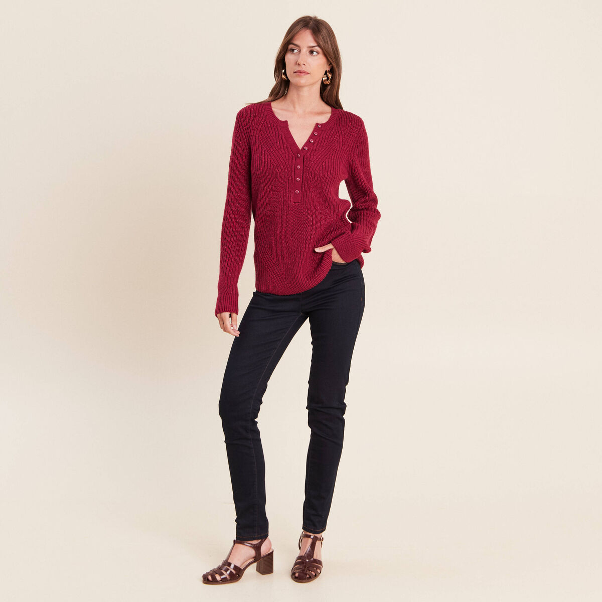 Pull manches longues rouge fonc&eacute; femme