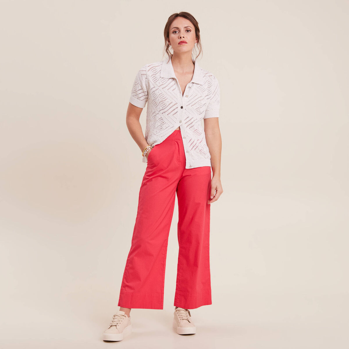 Pantalon flou ceintur&eacute; 7/8&egrave;me rose cerise femme