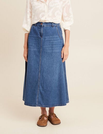 Jupe longue trapèze en jean denim stone femme