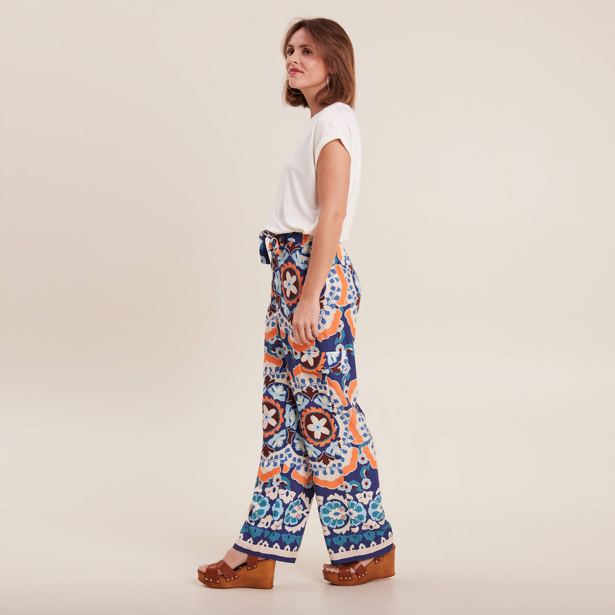 Pantalon large fluide bleu femme