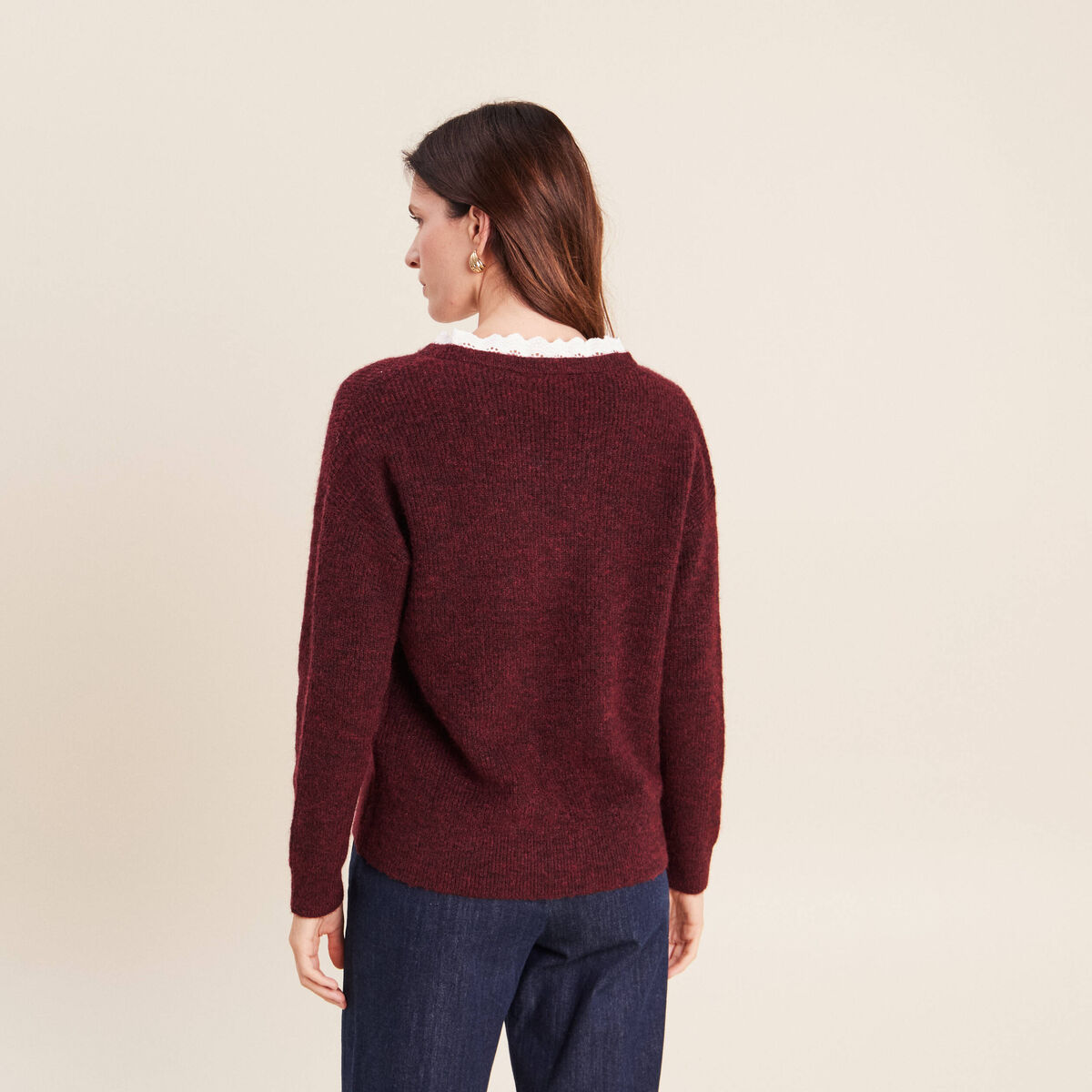 Pull bi-mati&egrave;re col tunisien bordeaux femme