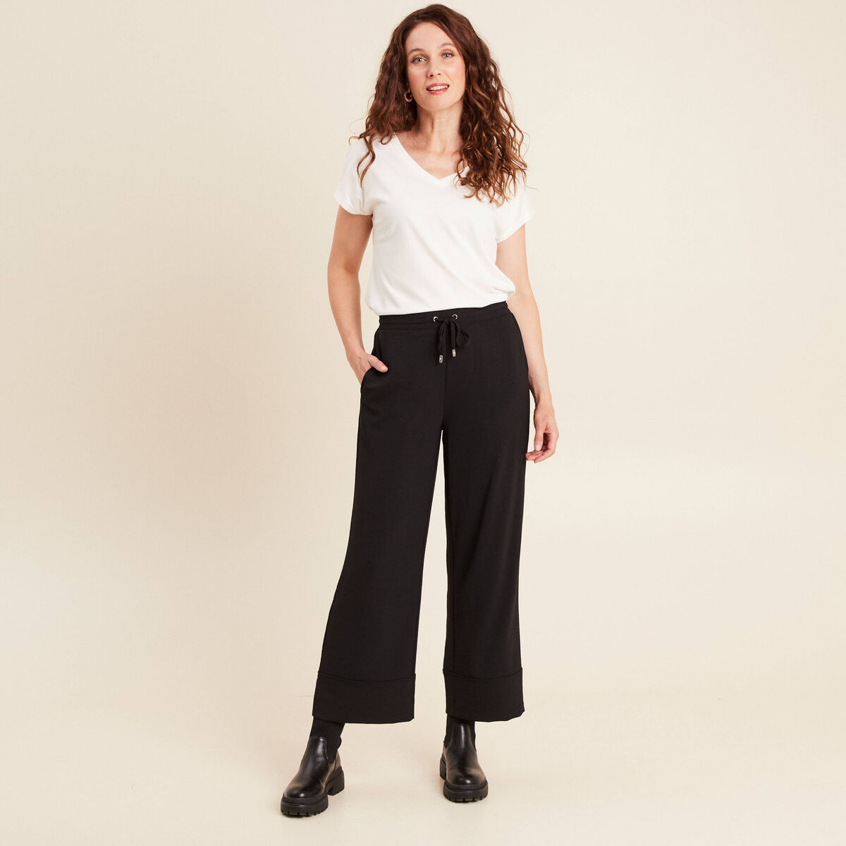 Pantalon large taille haute noir femme
