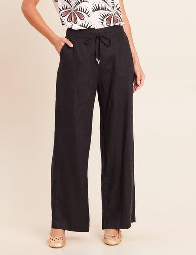 Pantalon large taille haute aspect lin noir femme