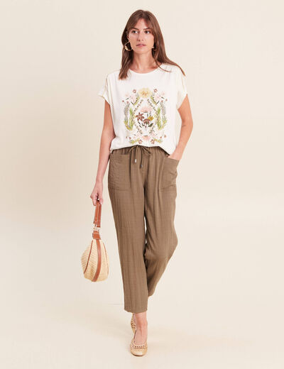 Pantalon mom 7/8&egrave;me en coton vert kaki femme