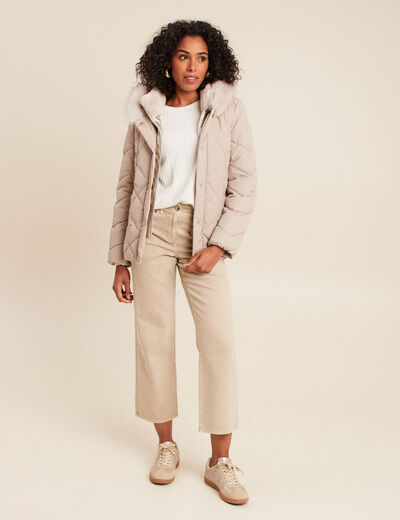 Doudoune ajust&eacute;e &agrave; capuche doubl&eacute;e beige femme