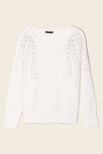 Pull manches longues strass ecru femme
