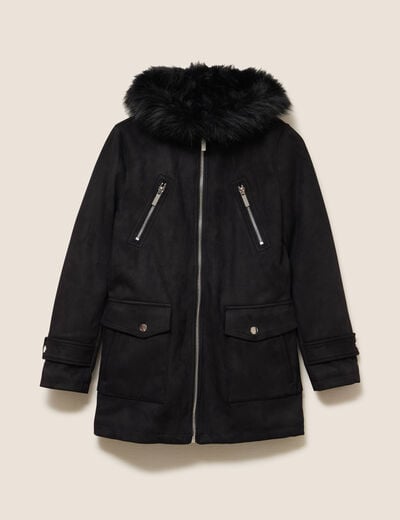 Manteau cintr&eacute; mi-long &agrave; capuche noir femme