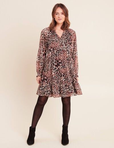 Robe courte &eacute;vas&eacute;e col v manches longues marron femme