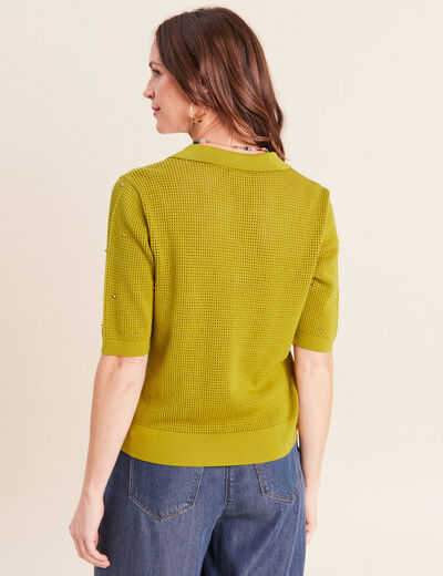 Polo ajour&eacute; col chemise manches courtes vert olive femme