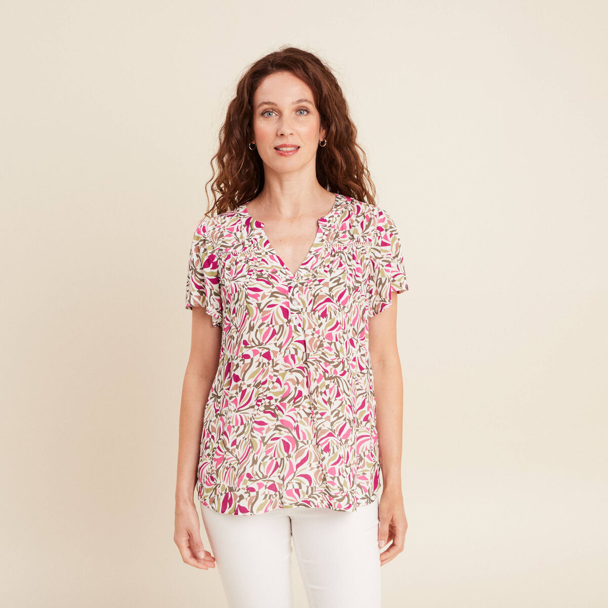 Blouse crêpe manches courtes vert kaki femme