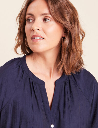 Blouse ample col v manches 3/4 bleu marine femme