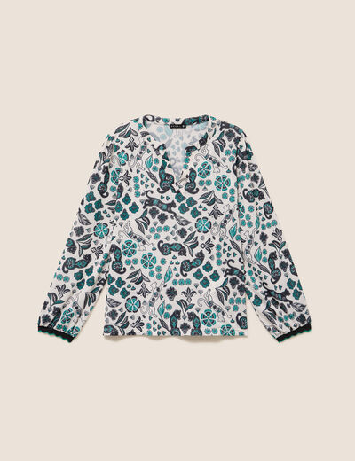 Blouse col tunisien manches longues blanc femme
