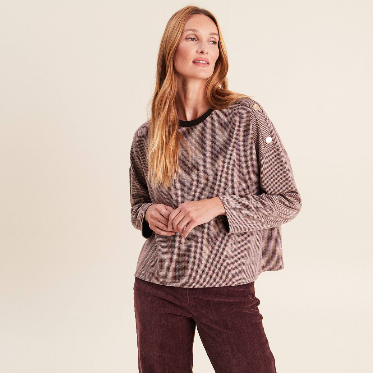 T-shirt ample jacquard manches longues multicolore femme