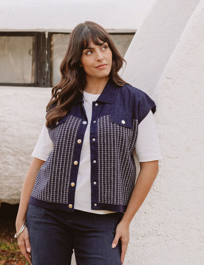 Veste sans manches col chemise bleu marine femme