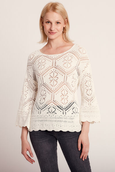 Pull manches 3/4 ajouré ecru femme