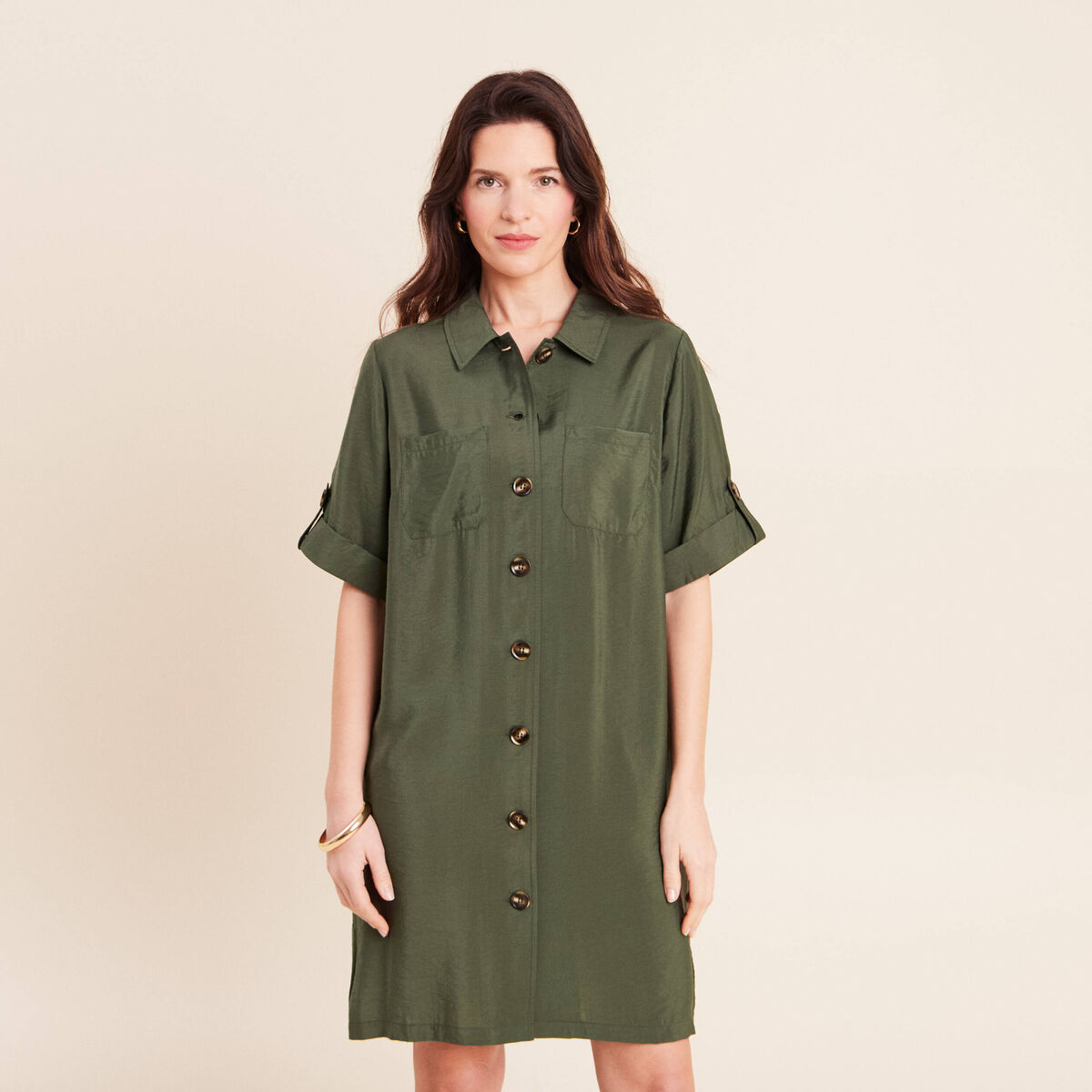 Robe droite courte col chemise vert kaki femme