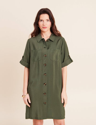 Robe droite courte col chemise vert kaki femme