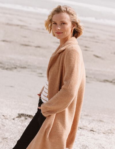 Gilet long boutonn&eacute; marron clair femme