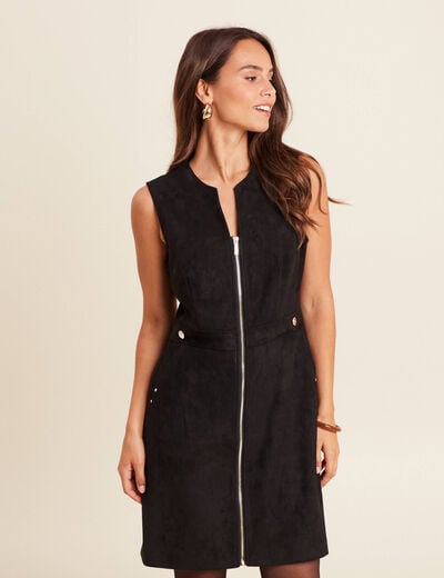 Robe sans manches col rond aspect daim noir femme