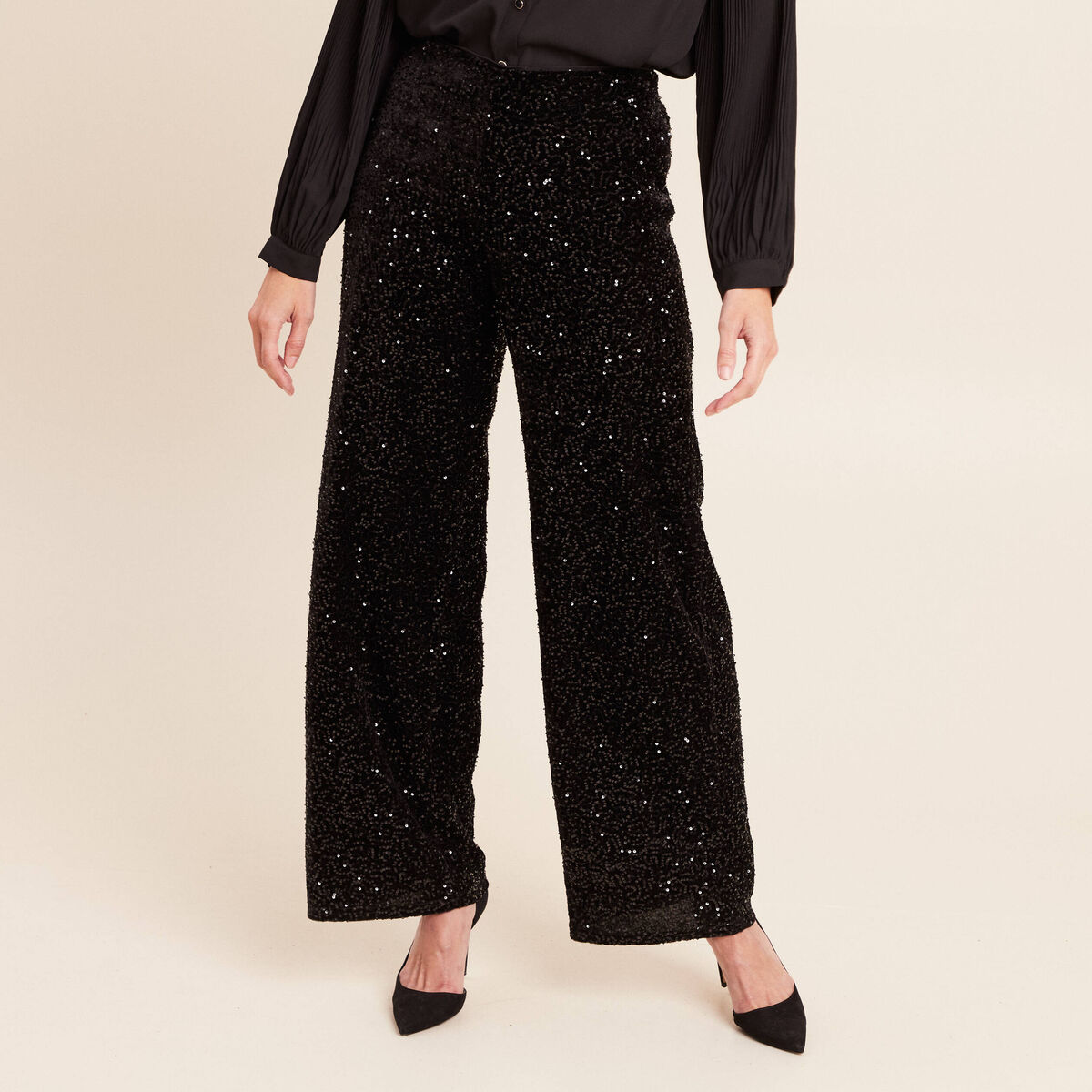 Pantalon &agrave; sequins noir femme