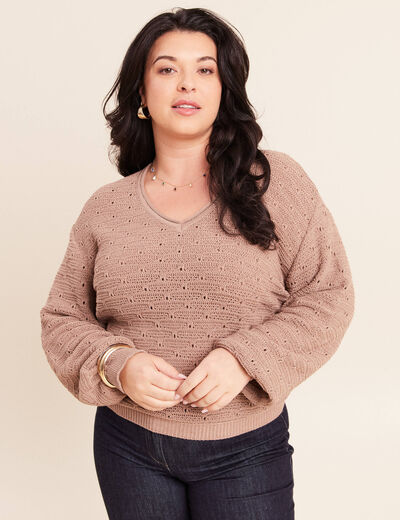 Pull droit long col v manches longues sable femme