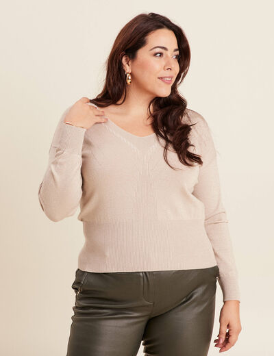 Pull manches longues col en V couleur or femme