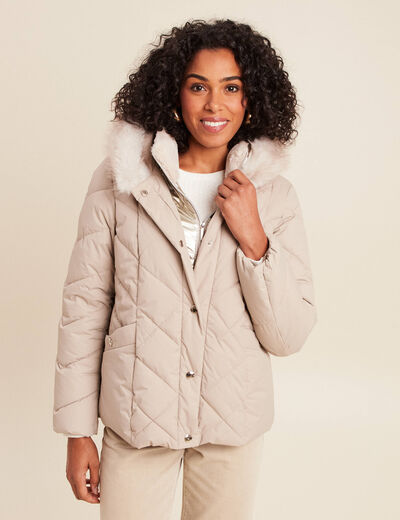 Doudoune ajust&eacute;e &agrave; capuche doubl&eacute;e beige femme