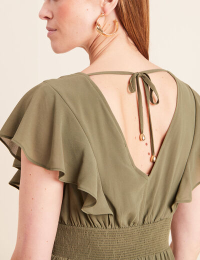 Robe longue &eacute;vas&eacute;e &agrave; volants vert kaki femme