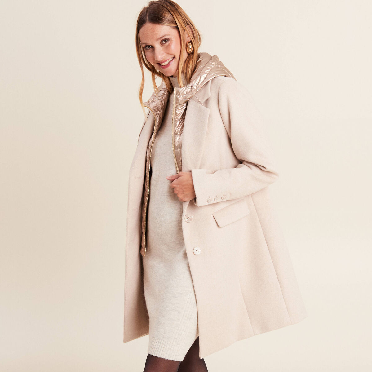 Manteau droit à capuche creme femme