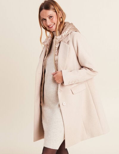 Manteau droit à capuche creme femme