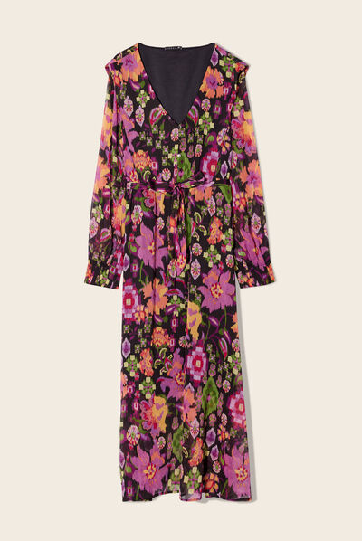 Robe longue évasée col en V noir femme