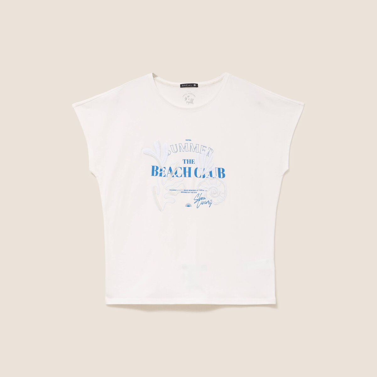 T-shirt col rond manches courtes brod&eacute; ecru femme