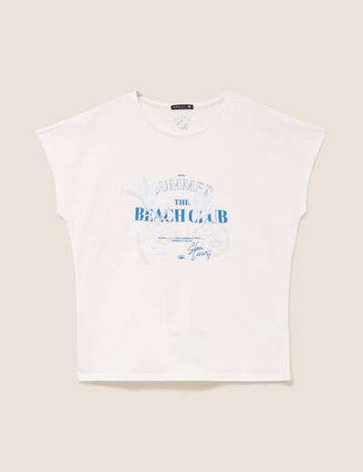 T-shirt col rond manches courtes brod&eacute; ecru femme