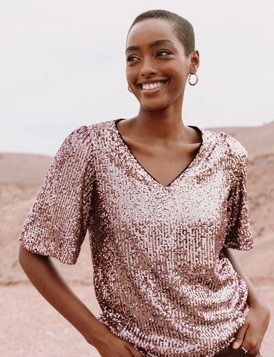 T-shirt &agrave; sequins manches coudes bordeaux femme