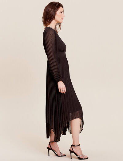 Robe longue évasée plissée noir femme