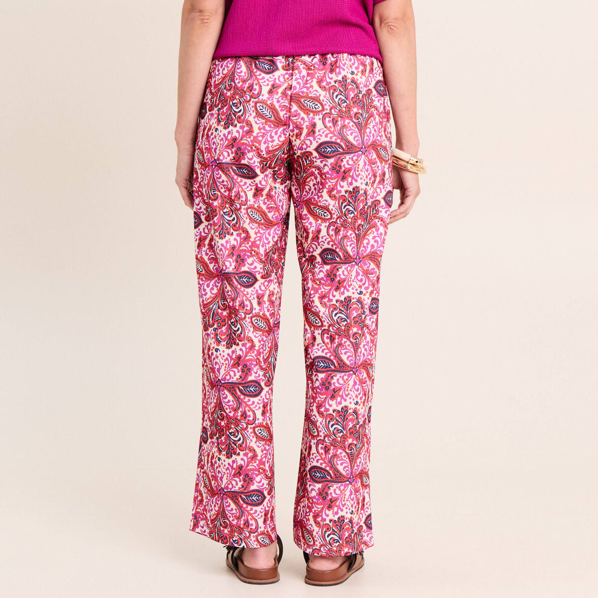 Pantalon large taille haute rose corail femme