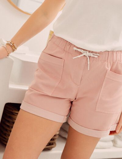 Short droit taille élastiquée rose pastel femme