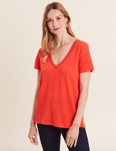 T-shirt manches courtes col en V orange femme