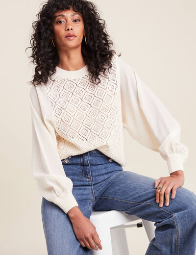 Pull manches longues ajouré ecru femme