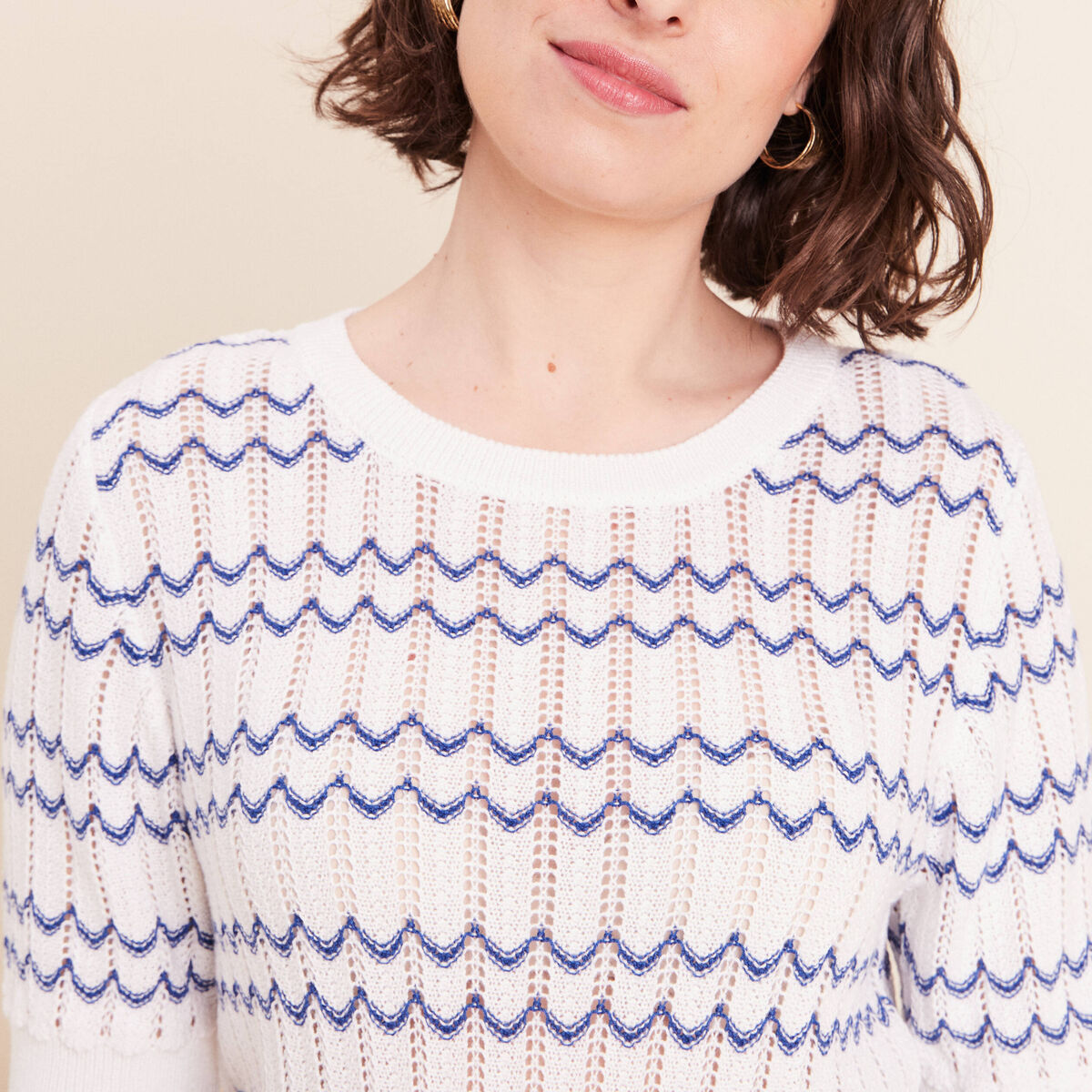 Pull col rond manches courtes bleu femme