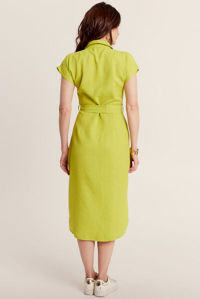 Robe chemise droite ceinturée vert anis femme