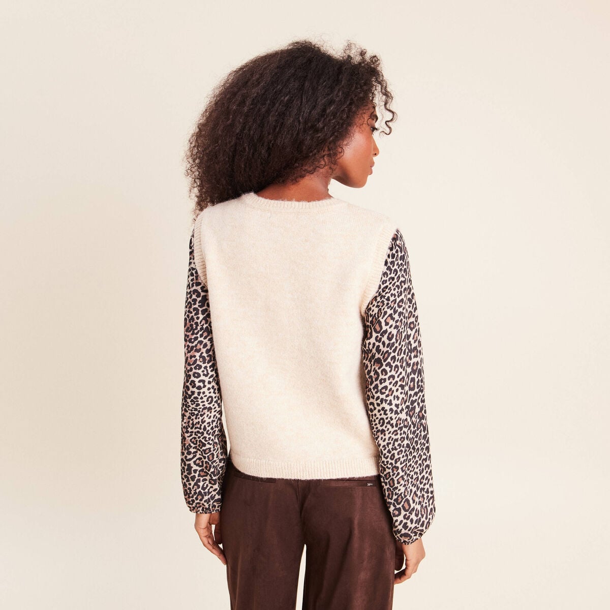 Pull col rond beige femme
