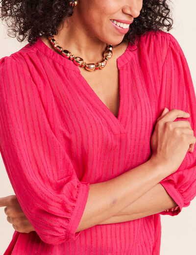 Blouse ample col tunisien manches 3/4 rose fushia femme