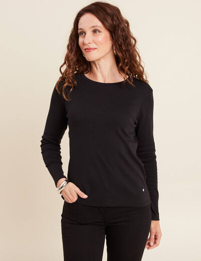 T-shirt ajusté col rond manches longues noir femme