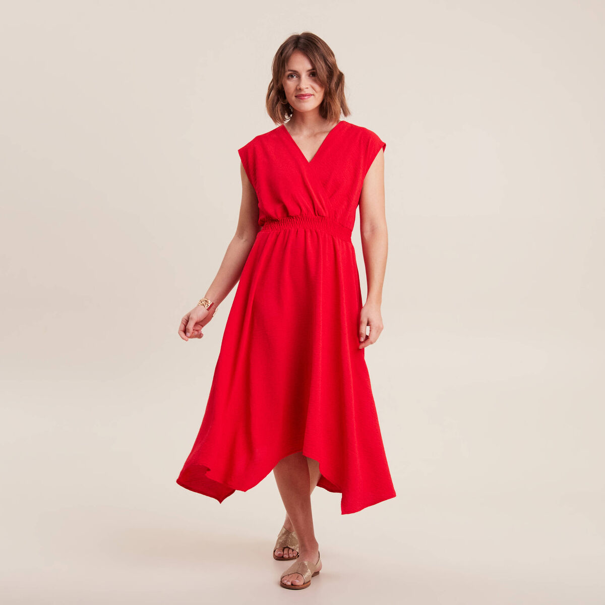 Robe évasée taille smockée rouge femme